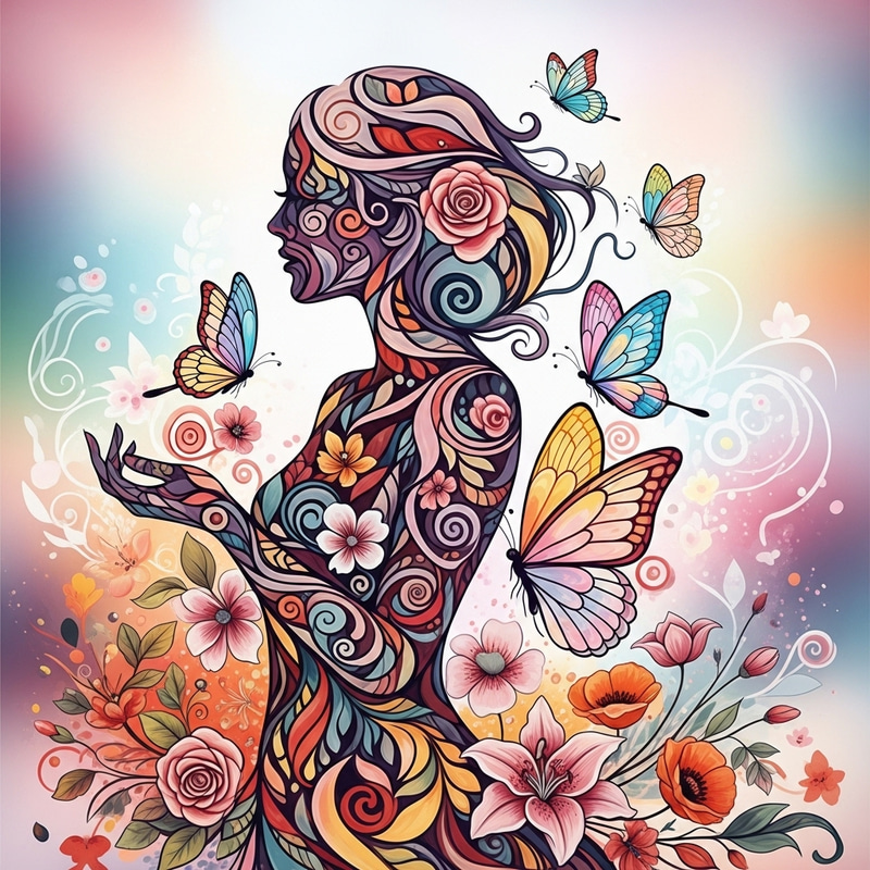 Abstract Art: Beautiful Woman, Butterflies & Flowers Abstract Art: Beautiful Woman, Butterflies & Flowers