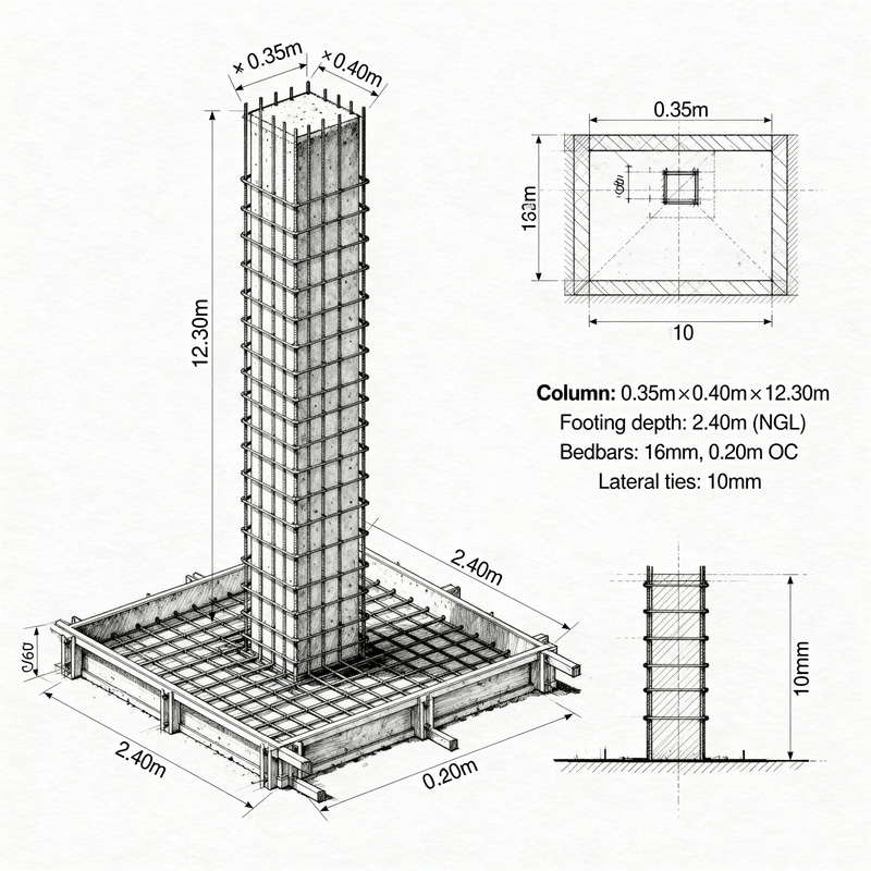 Detailed Column-Footing Plan & Section Illustration