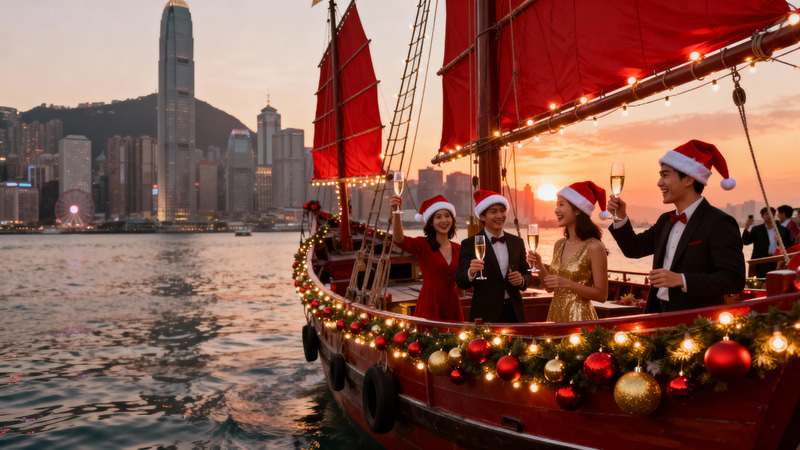 Festive Christmas Party on a Hong Kong Junk Boat Festive Christmas Party on a Hong Kong Junk Boat