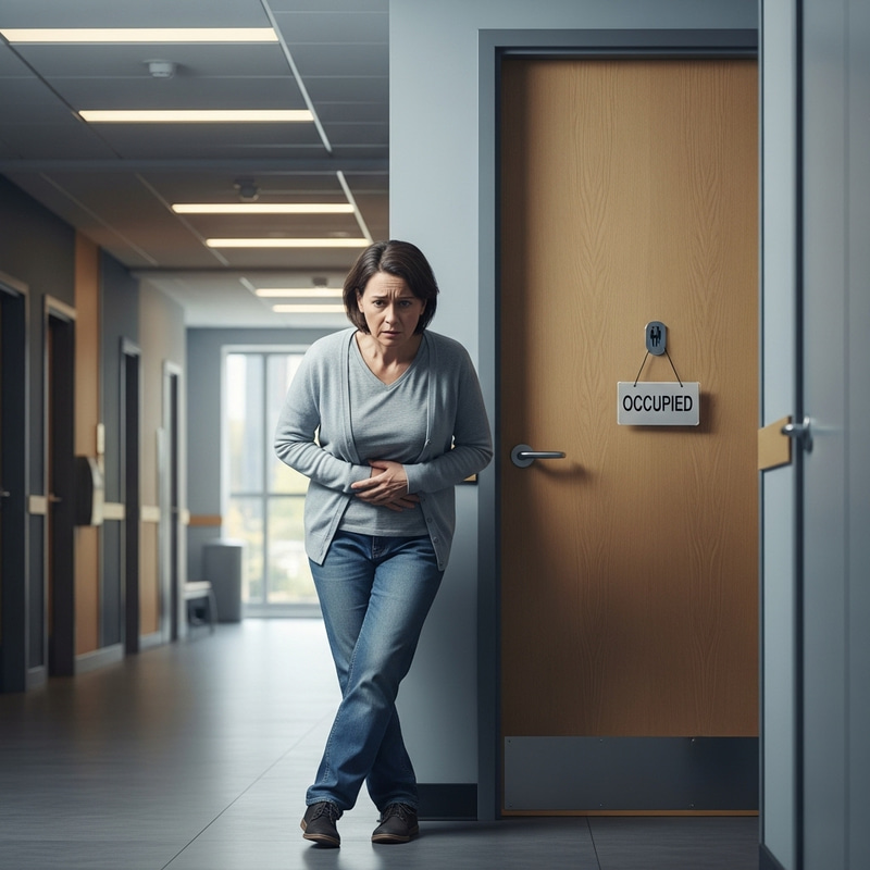 Realistic Scene of a Person Waiting at a Closed Restroom