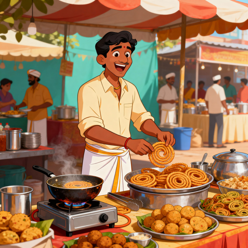 Joyful Outdoor Catering Scene: South Indian Savories