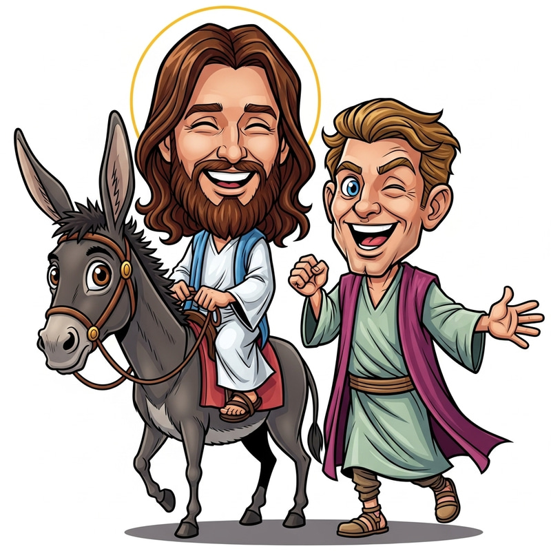 Whimsical Caricature of Jesus on a Donkey