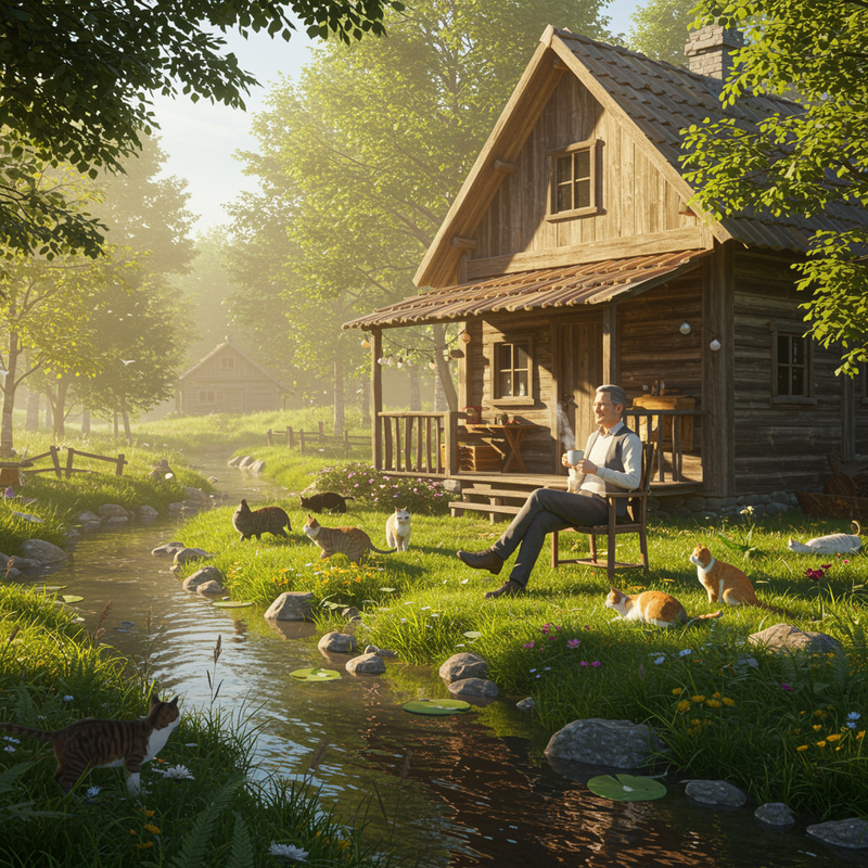 Cozy Countryside Morning with Cats and Cabin Cozy Countryside Morning with Cats and Cabin