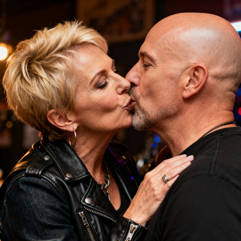 Charming Rocker Couple Kissing at 55 and 43 Charming Rocker Couple Kissing at 55 and 43