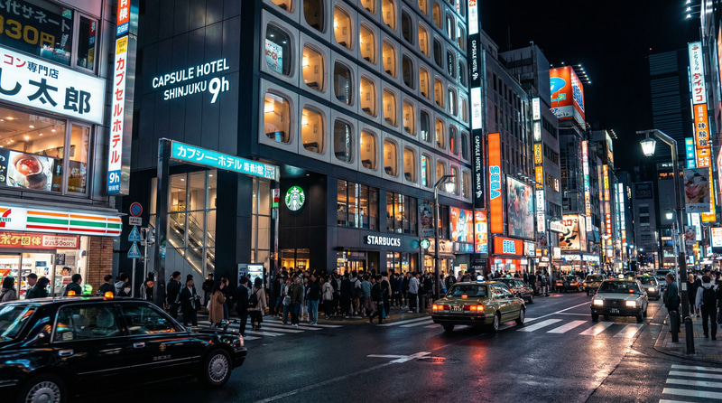 Modern Tokyo Nightlife: Capsule Hotels & Neon Lights Modern Tokyo Nightlife: Capsule Hotels & Neon Lights
