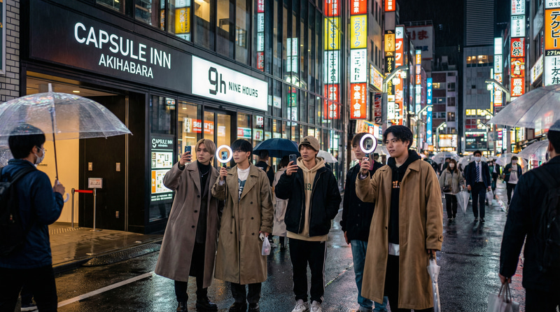 Modern Tokyo Night Scene: Capsule Hotels & Neon Lights