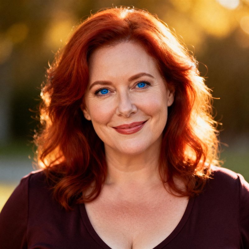 Curvy 46-Year-Old Woman with Red Hair and Blue Eyes Curvy 46-Year-Old Woman with Red Hair and Blue Eyes