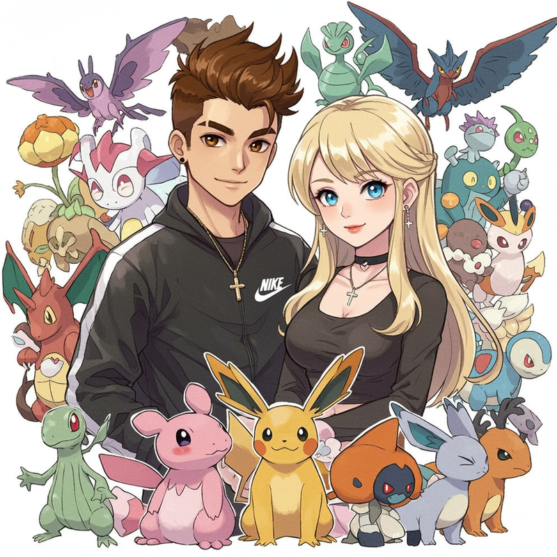 Couple Surrounded by All Pokémon Characters Couple Surrounded by All Pokémon Characters