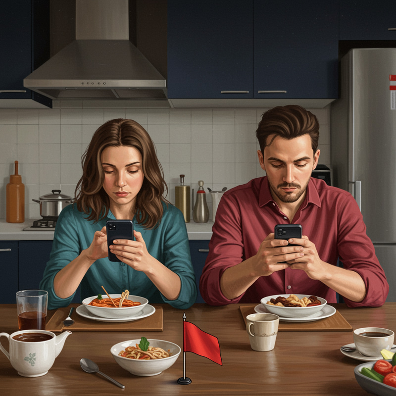 Modern Kitchen Illustration with Couples & Phones Modern Kitchen Illustration with Couples & Phones