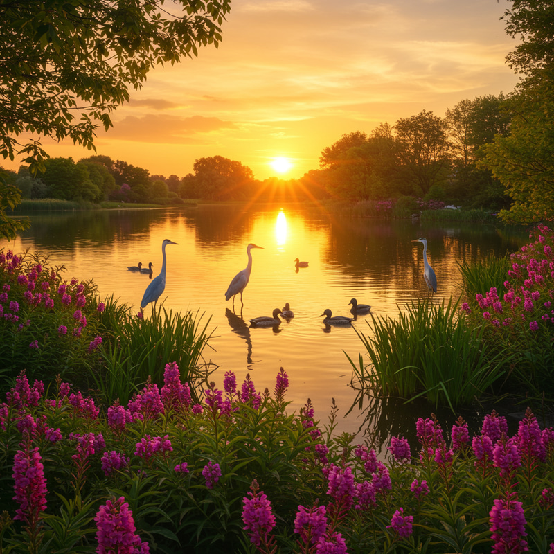 Scenic Sunset Landscape with Flowers and Birds Scenic Sunset Landscape with Flowers and Birds