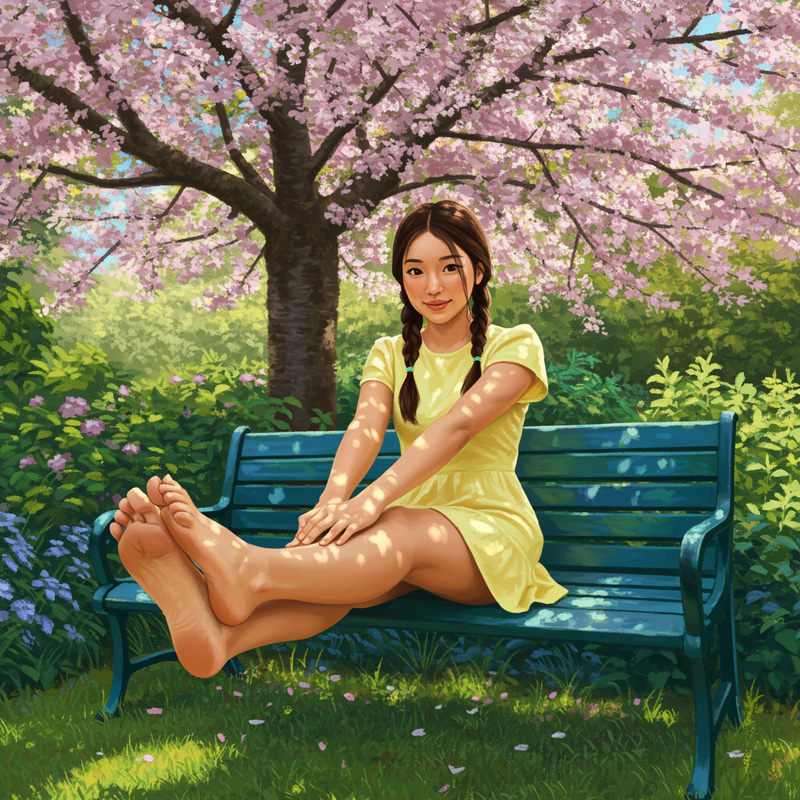 Young Woman in a Blooming Cherry Tree Garden Young Woman in a Blooming Cherry Tree Garden