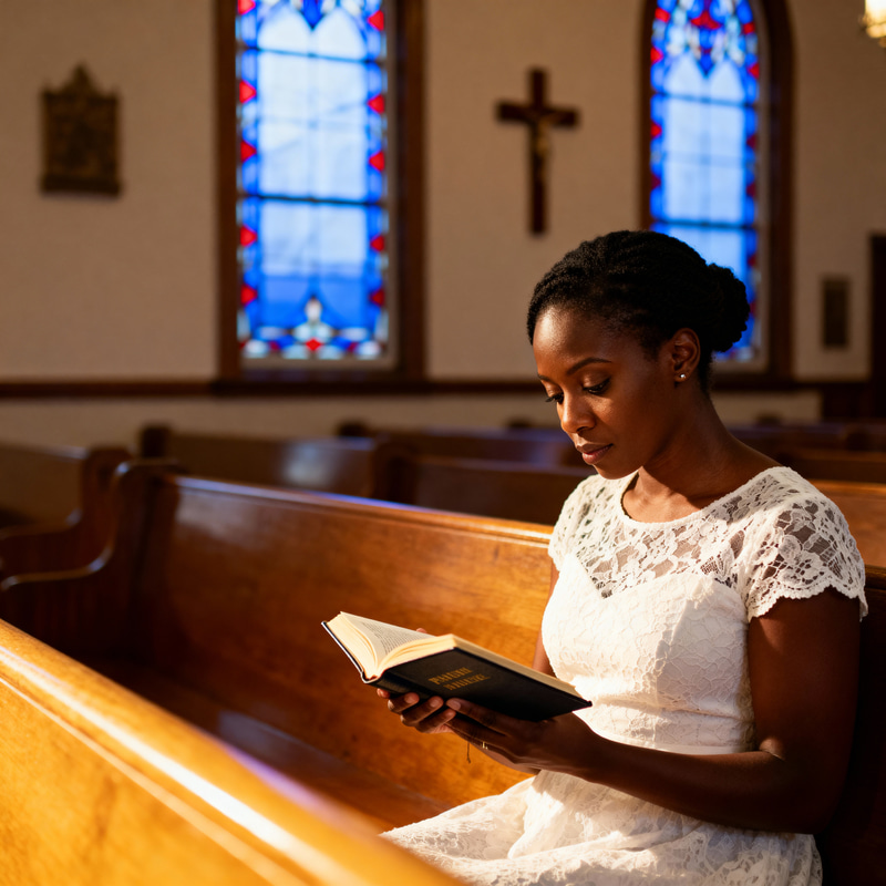 Black Woman Reading Bible in Church