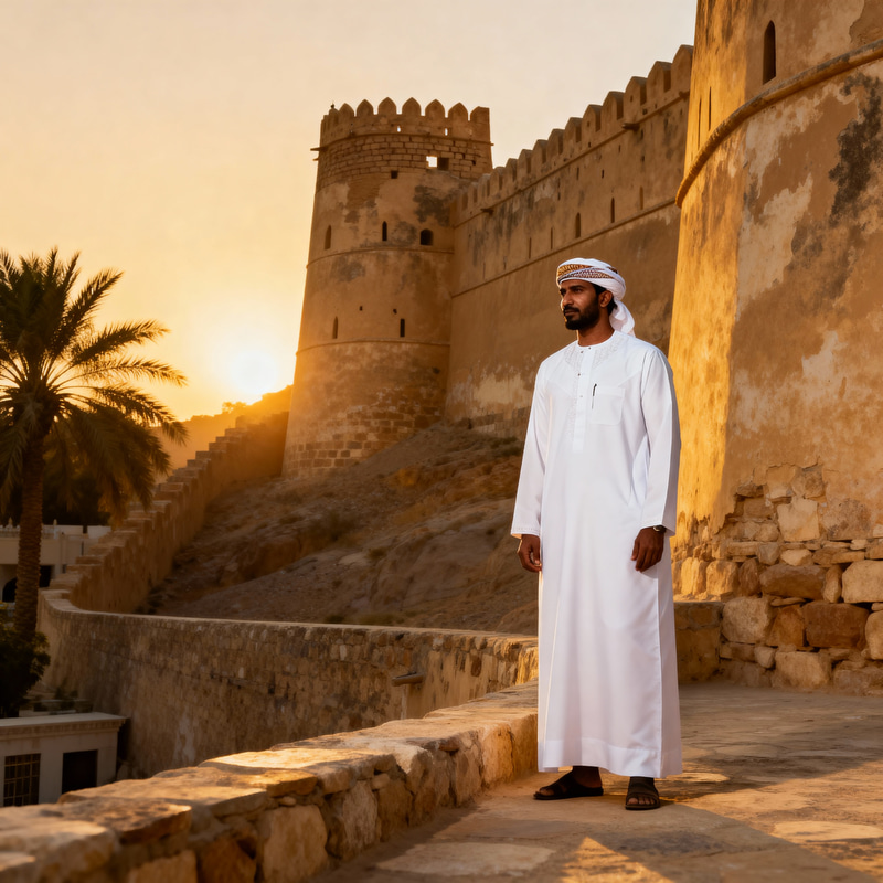 Omani Gentleman in Traditional Attire at Ancient Fort