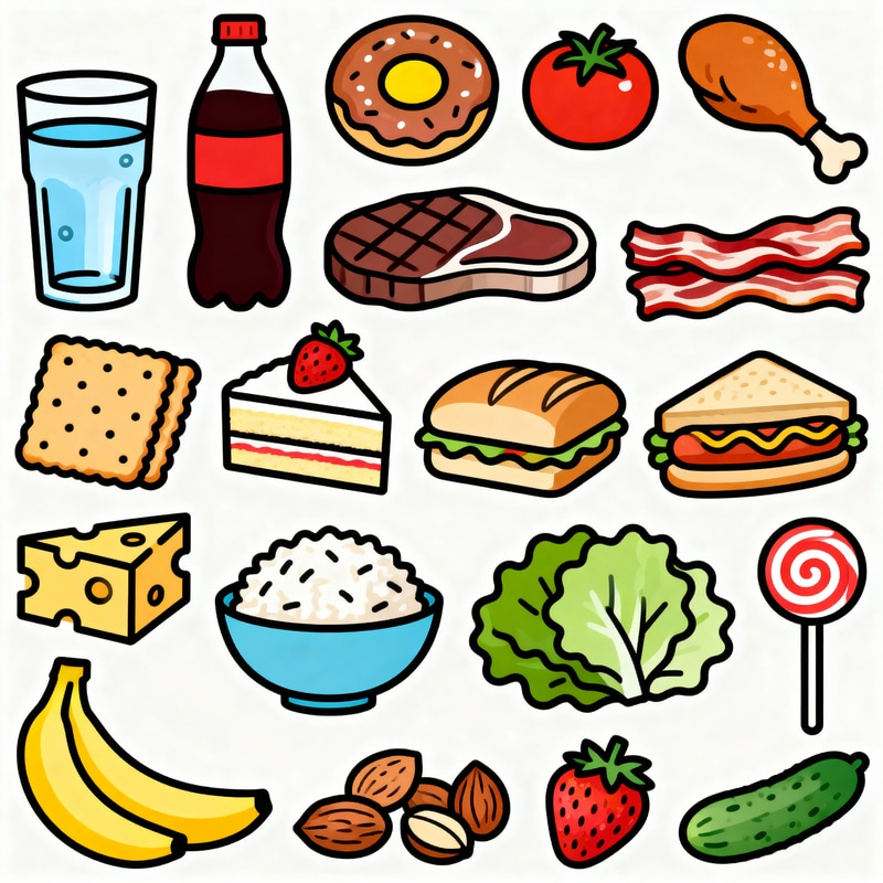 Delicious Food Doodles: Water, Snacks & More