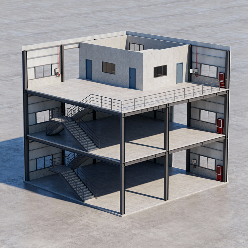 3-Level Industrial Building Floor Plan & 3D Model