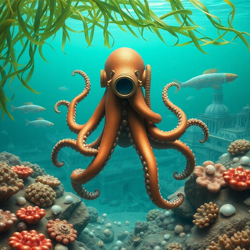 Surreal Underwater Landscape with Diving Suit Octopus Surreal Underwater Landscape with Diving Suit Octopus