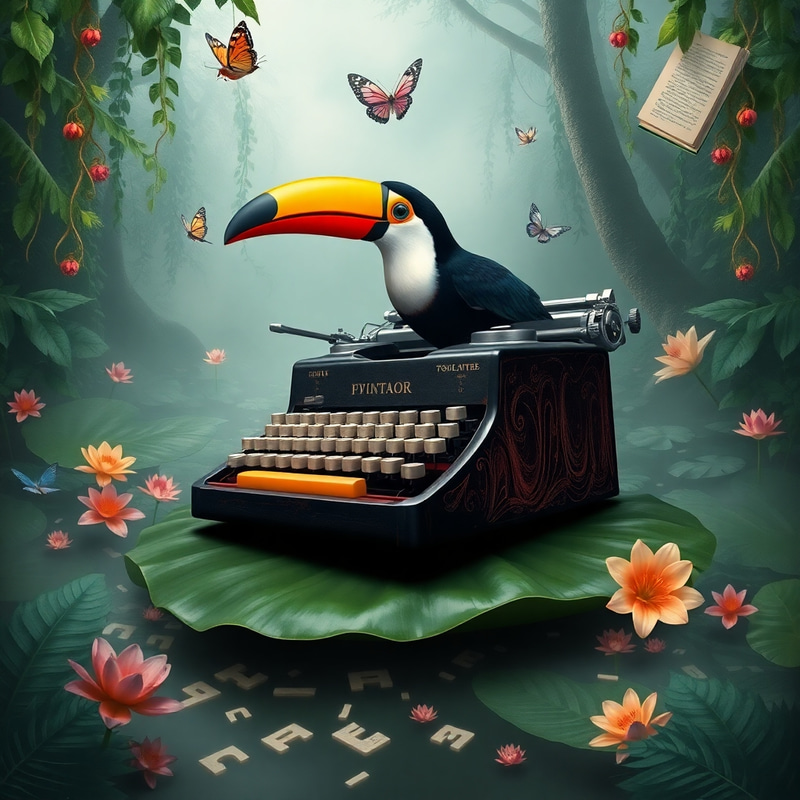 Surreal Jungle Scene: Typewriter Toucan Fusion Surreal Jungle Scene: Typewriter Toucan Fusion