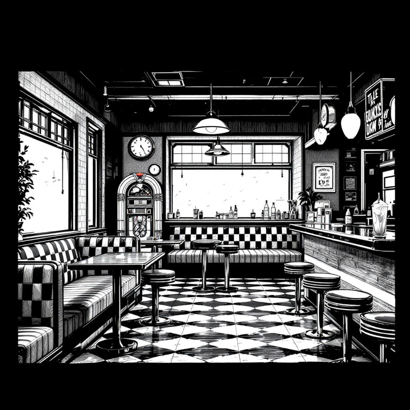 Retro Diner Interior Sketch in Black and White Retro Diner Interior Sketch in Black and White