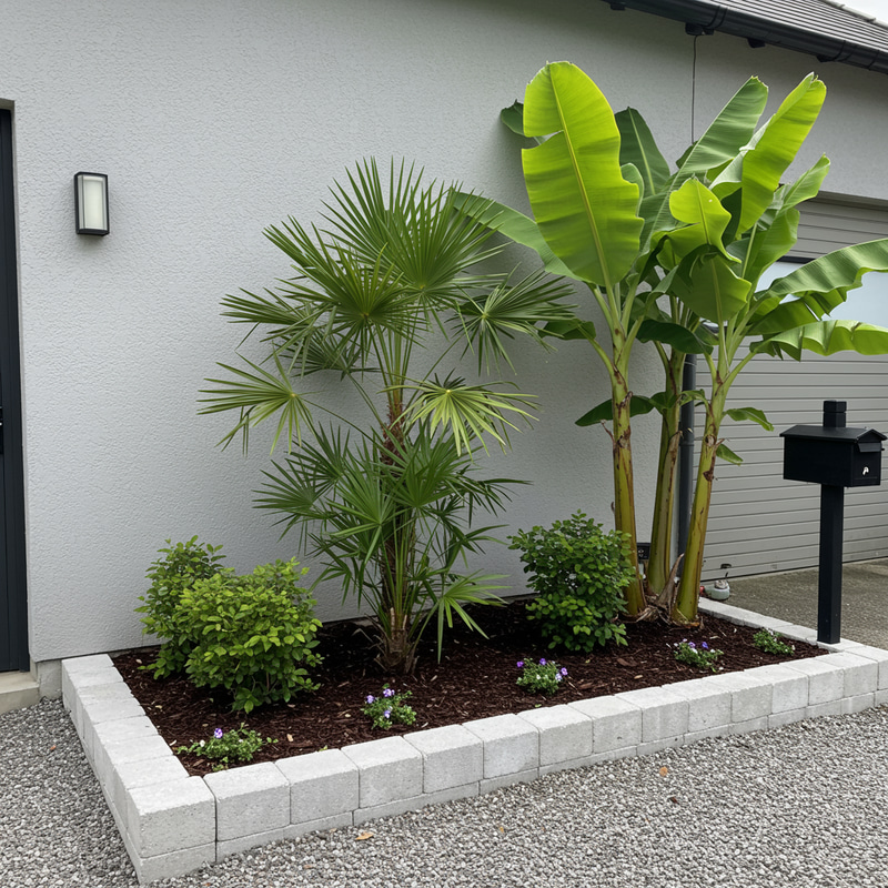 Beautiful White Garden Layout with Palm and Banana Plants Beautiful White Garden Layout with Palm and Banana Plants