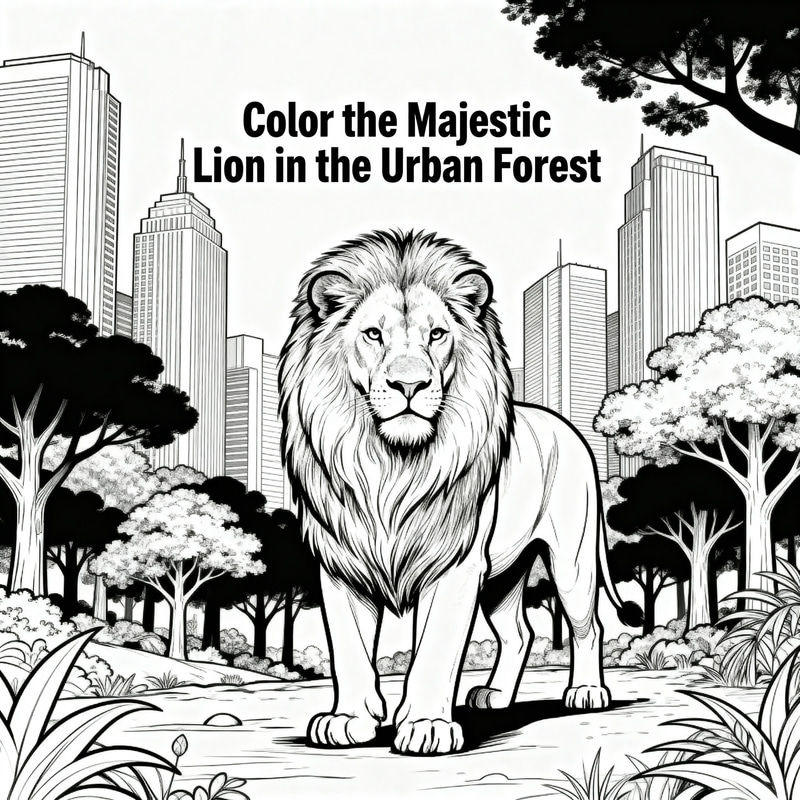 Majestic Lion Coloring Pages in Urban Forest