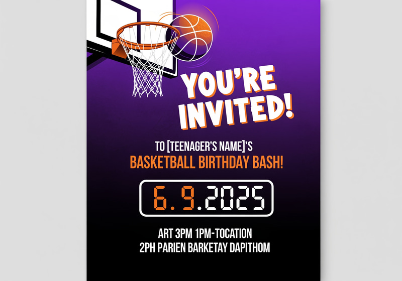 Basketball Teenager Birthday Party Invitation Basketball Teenager Birthday Party Invitation