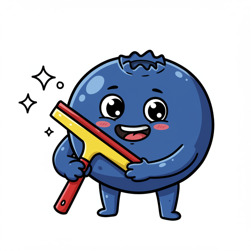 Smiling Blueberry Cartoon with Squeegee