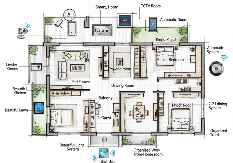Smart Home Layout with AI Gadgets and Automation