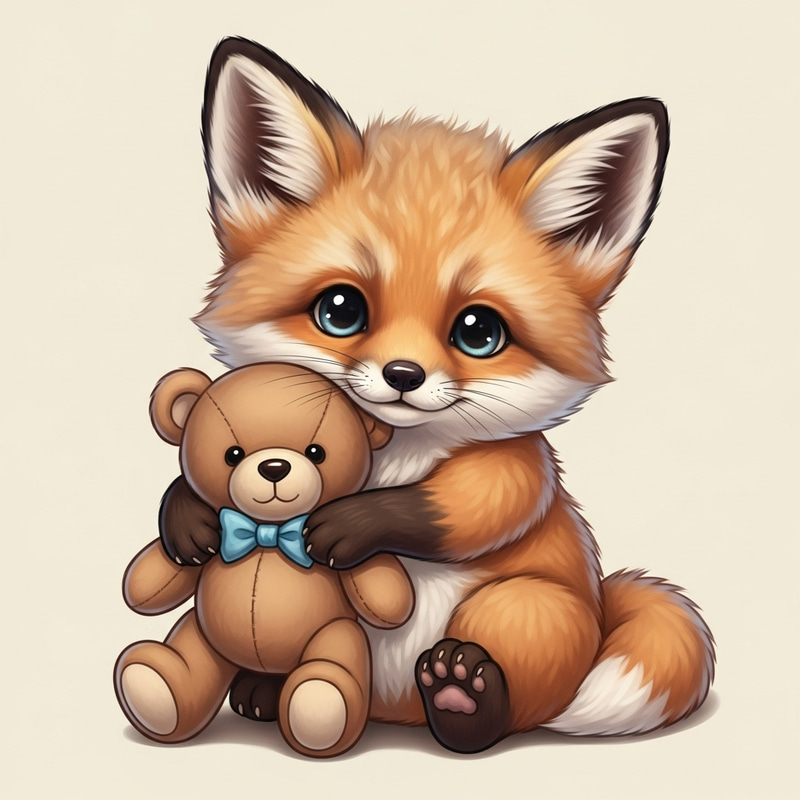 Adorable Fox Cub Hugging a Teddy Bear