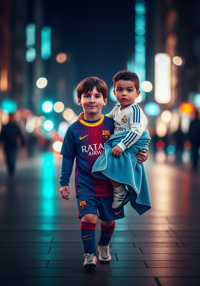 Cinematic Street Scene with Young Ronaldo and Messi