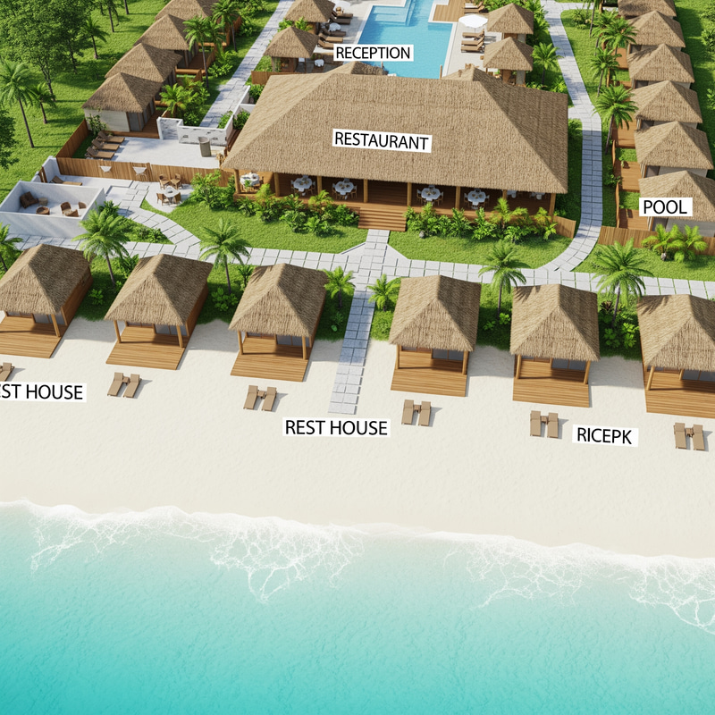 Beach Resort 3D Plan with White Sand & Dining Beach Resort 3D Plan with White Sand & Dining