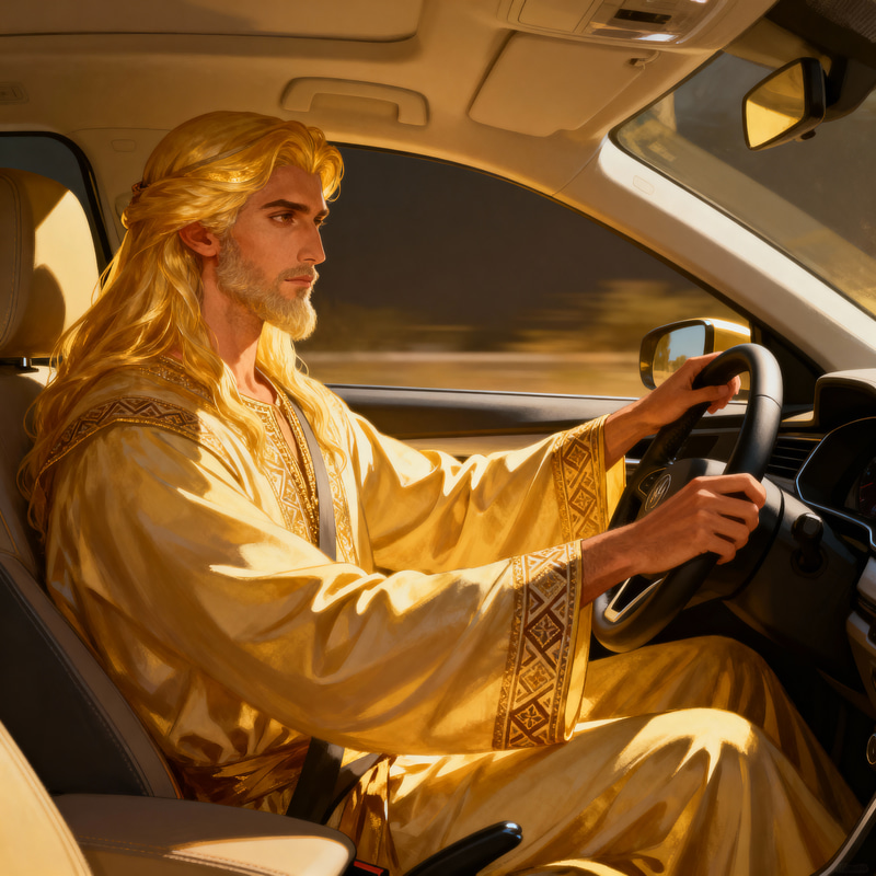 Serene Divine Figure in Modern Car