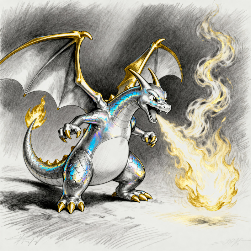 Shiny Charizard Pencil Drawing with Gold Fire