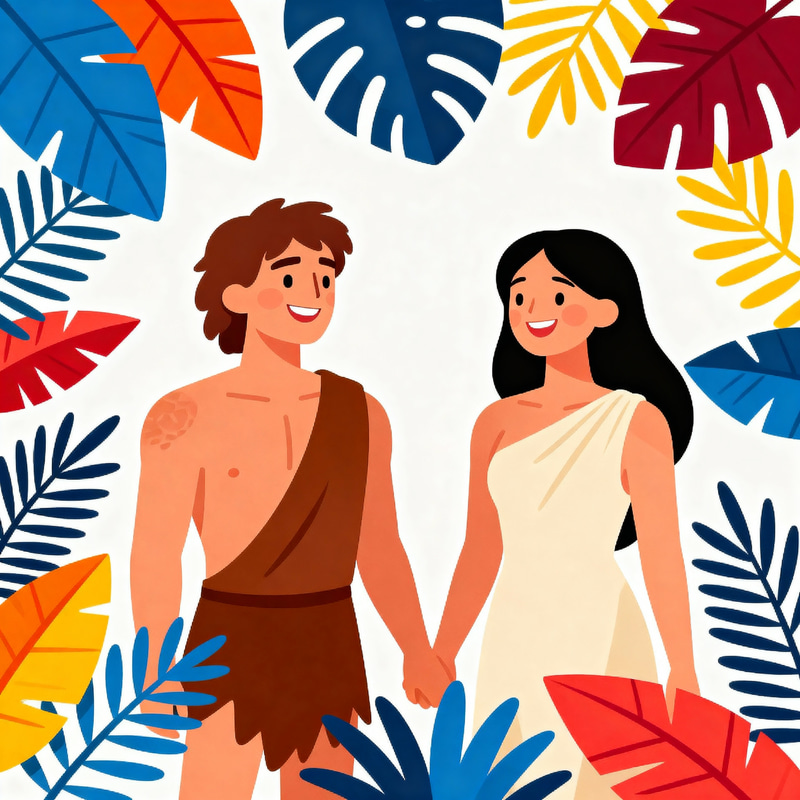 Adam and Eve in the Garden of Eden - Cartoon Art