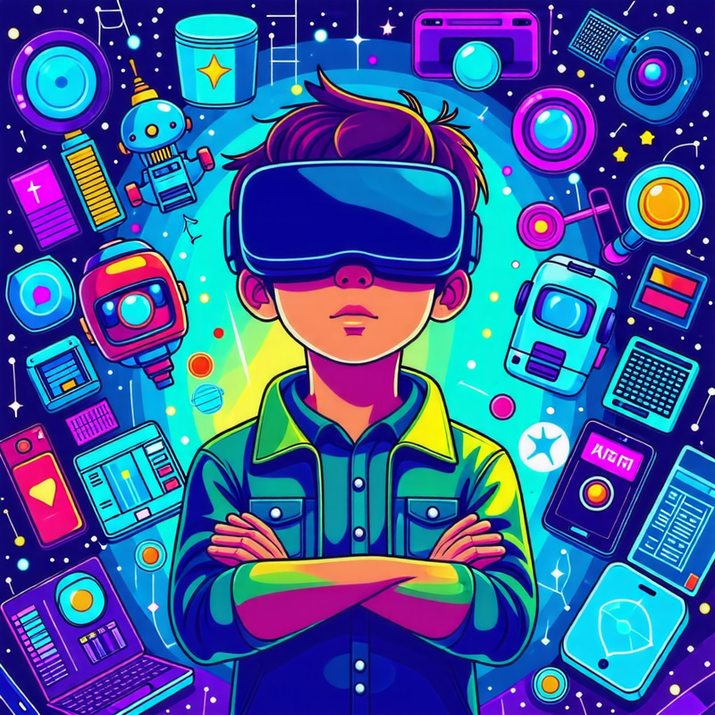 Master of Technology: Cartoonish Boy in VR Gear Surrounded by Technologies Master of Technology: Cartoonish Boy in VR Gear Surrounded by Technologies