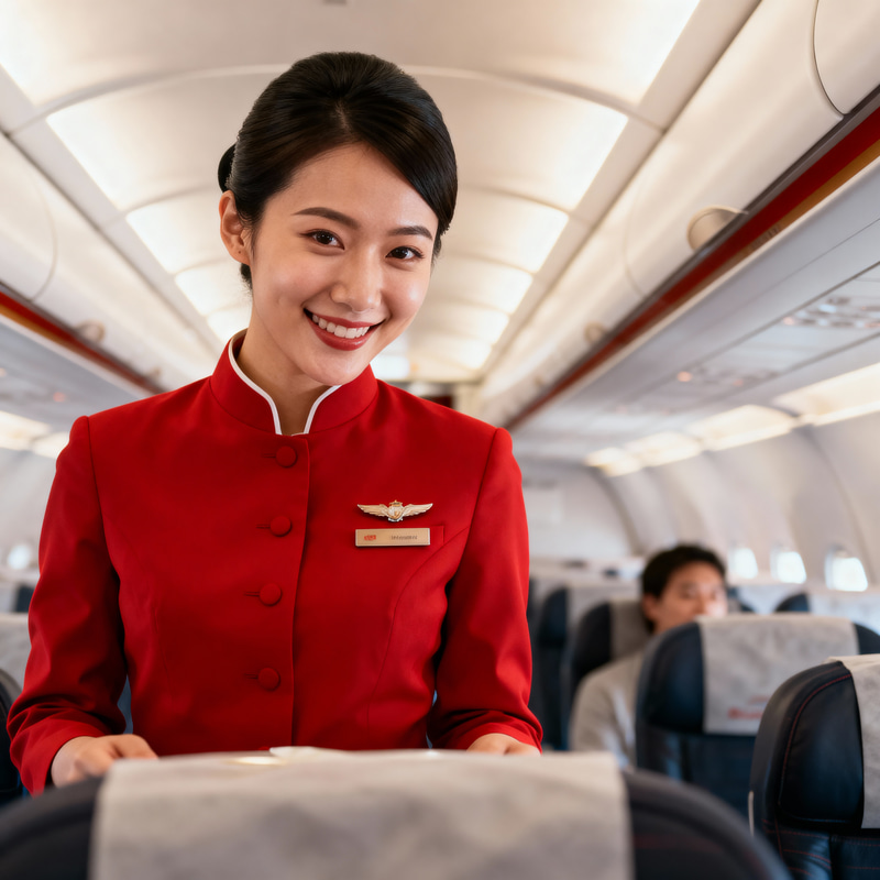 Flight Attendant with Red Uniform Serving Customers Flight Attendant with Red Uniform Serving Customers