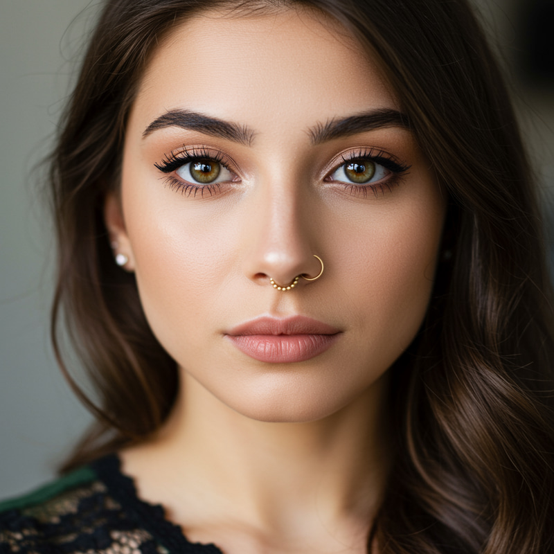 Beautiful Young Woman with Hazel Eyes and Gold Nose Ring Beautiful Young Woman with Hazel Eyes and Gold Nose Ring