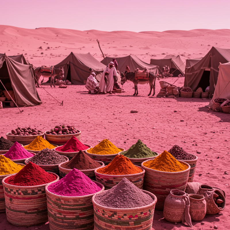 Vibrant Middle-Eastern Desert Scene with Spices Vibrant Middle-Eastern Desert Scene with Spices