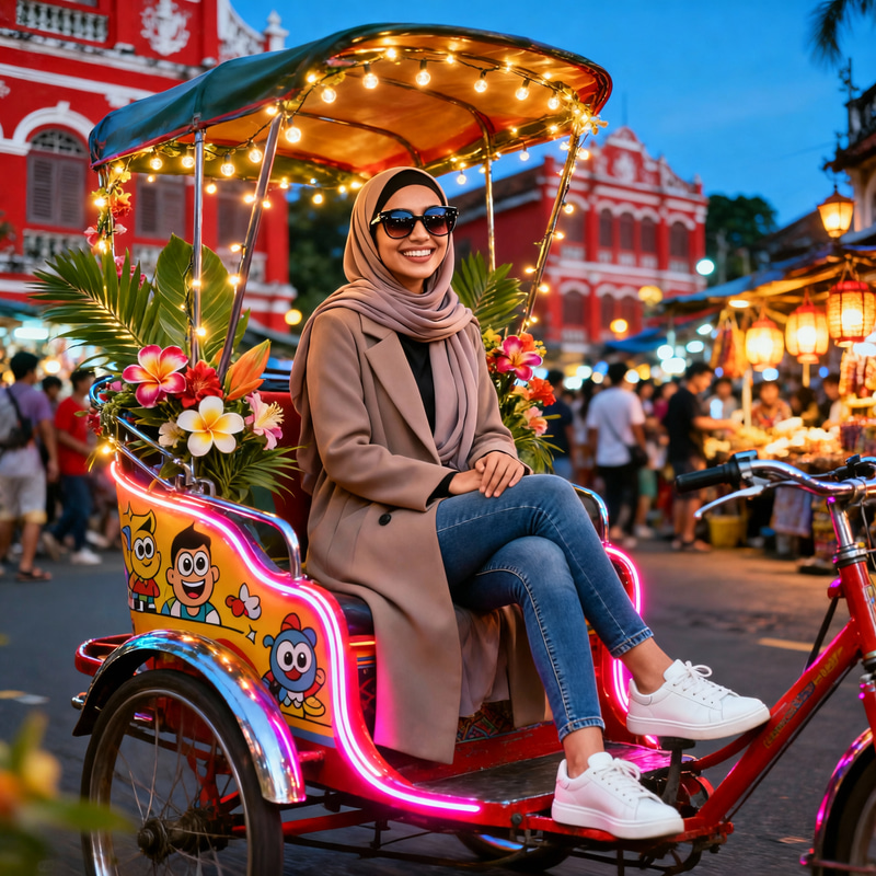 Stylish Muslim Woman in Trendy Travel Outfit in Melaka Stylish Muslim Woman in Trendy Travel Outfit in Melaka