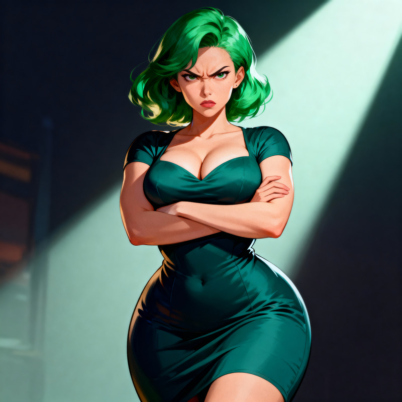 Angry Girl with Green Hair in Stylish Dress Angry Girl with Green Hair in Stylish Dress