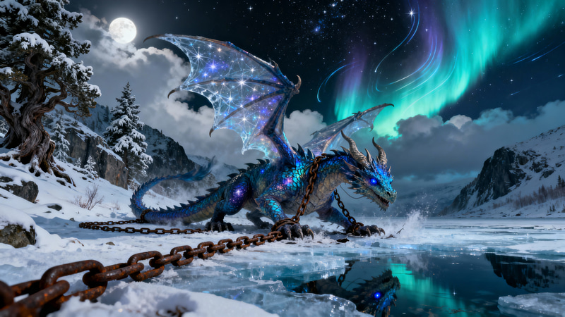 Dramatic Dragon Struggle Under Moonlit Chains Dramatic Dragon Struggle Under Moonlit Chains