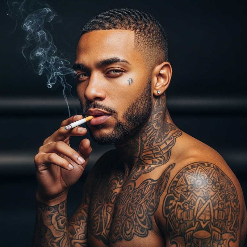 Mysterious Afro-American Man with Tattoos and Charisma Mysterious Afro-American Man with Tattoos and Charisma