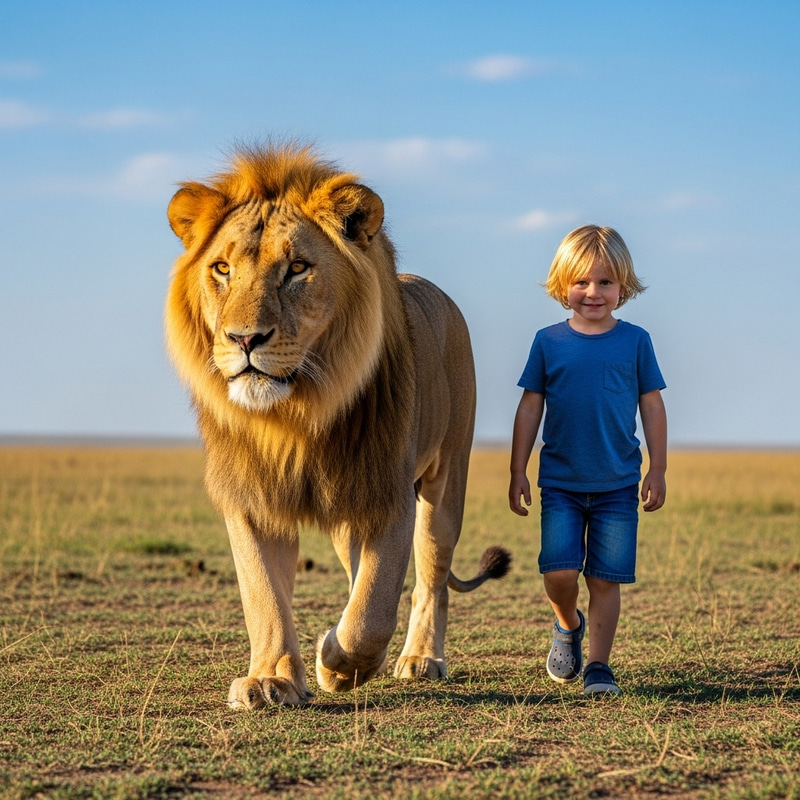 Blonde Boy Walking with Lion: A Unique Adventure Blonde Boy Walking with Lion: A Unique Adventure