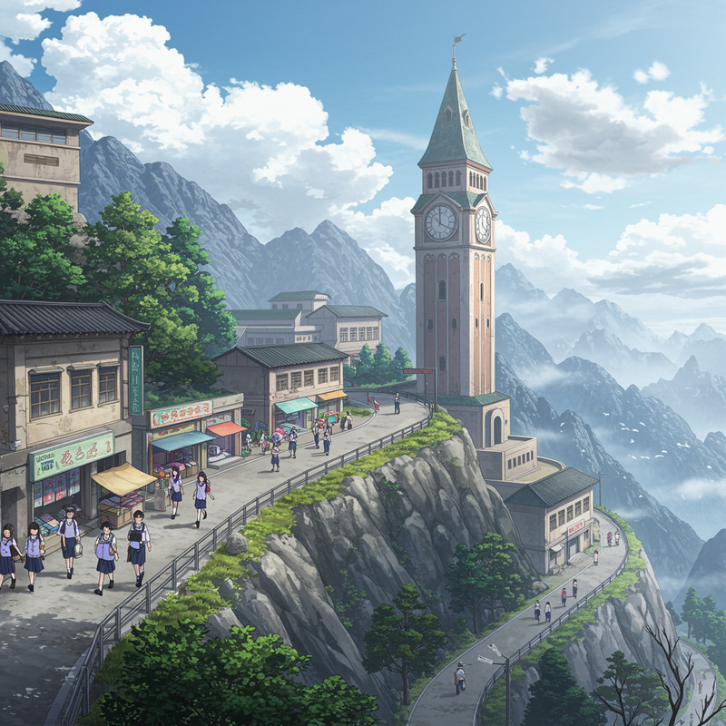 Scenic School by Mountains and Clouds Scenic School by Mountains and Clouds