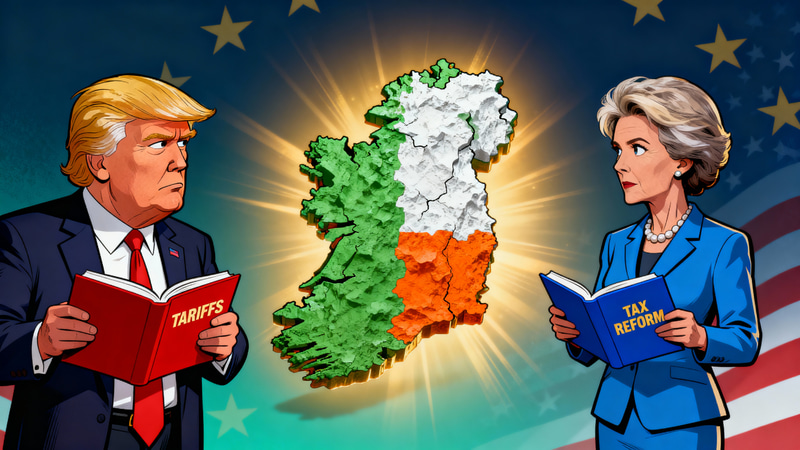 Vibrant Cartoon of Ireland with Trump & von der Leyen