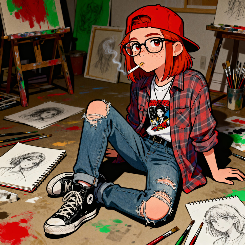 1990s-Inspired Animated Art Scene with Ginger Teen 1990s-Inspired Animated Art Scene with Ginger Teen