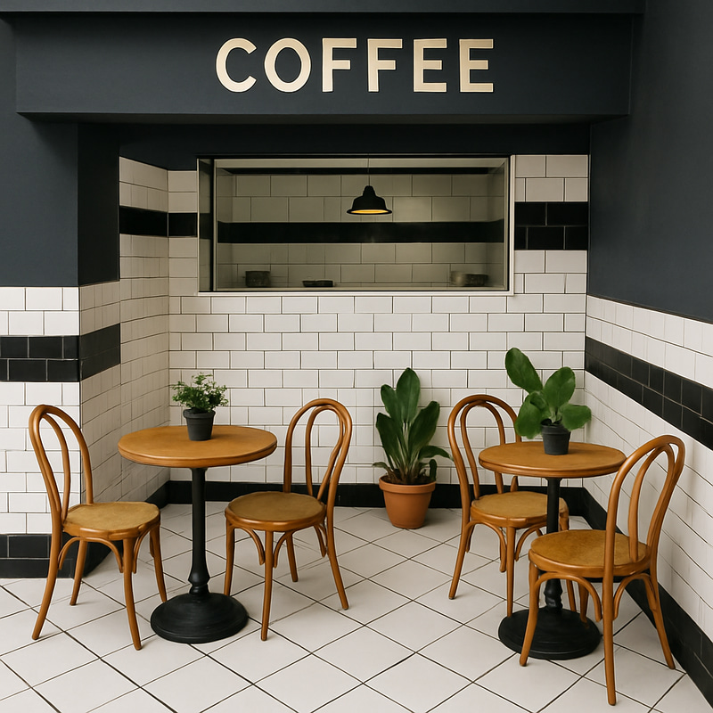 Coffee Shop Inspired Entrance with Tables and Chairs Coffee Shop Inspired Entrance with Tables and Chairs