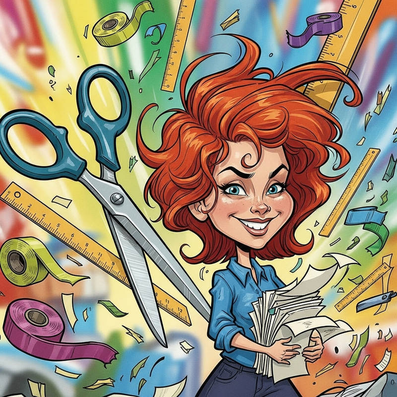 Red-Haired Girl Crafts with Scissors and Papers Red-Haired Girl Crafts with Scissors and Papers