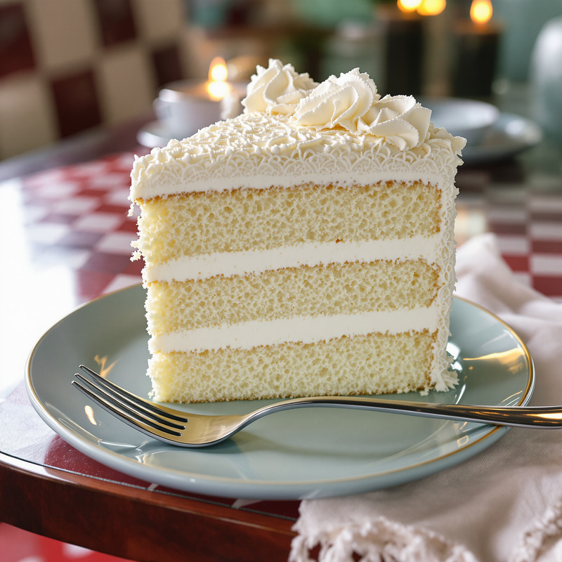 Lace-Covered Vanilla Cake Slice in Retro Diner