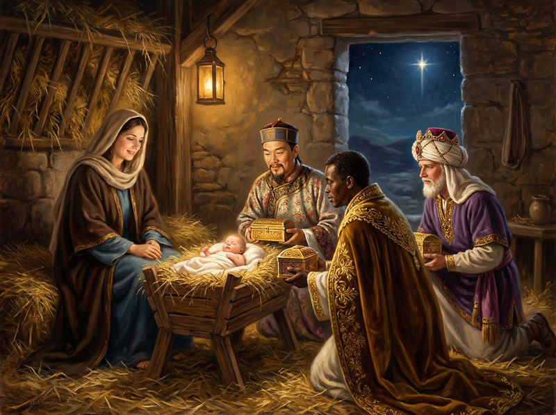 Three Wise Men: A Christmas Oil Painting Scene Three Wise Men: A Christmas Oil Painting Scene