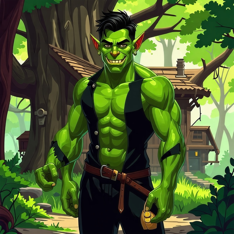 Male Orc Standing in Front of Tree House in Forest Male Orc Standing in Front of Tree House in Forest